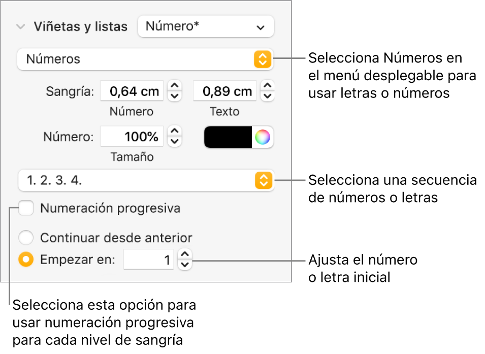 Controles para cambiar el estilo de numeración y el espaciado de una lista.