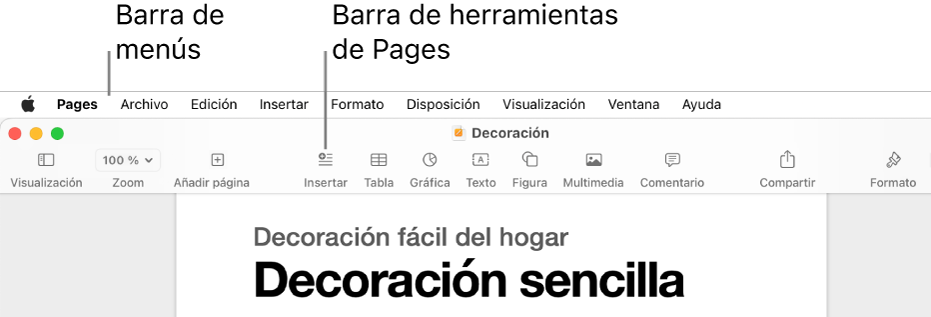 La barra de menús situada en la parte superior de la pantalla con los menús Apple, Pages, Archivo, Edición, Insertar, Formato, Disposición, Visualización, Ventana y Ayuda. Debajo de la barra de menús hay un documento abierto de Pages con los botones Visualización, Zoom, “Añadir página”, Insertar, Tabla, Gráfica, Texto, Figura, Multimedia, Comentario, Compartir y Formato de la barra de herramientas por la parte superior.