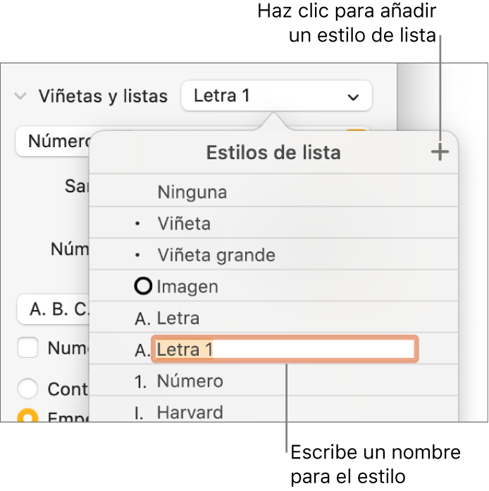 El menú desplegable “Estilos de lista” con el botón Añadir en la esquina superior derecha y un marcador de posición de nombre de estilo con su texto seleccionado.