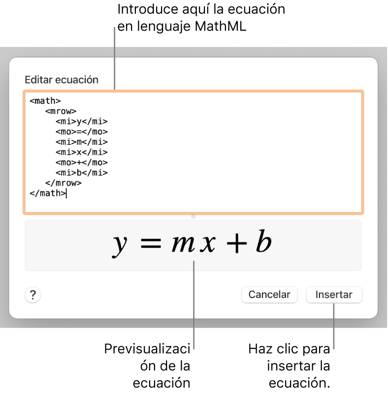 La ecuación de la pendiente de una recta en el campo “Editar ecuación” y la previsualización de la fórmula a continuación.