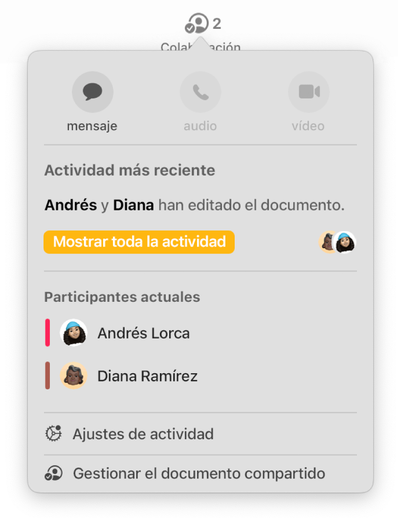 El menú de colaboración con los nombres de las personas que colaboran en el documento.