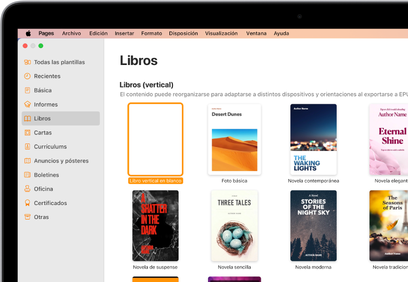 El selector de plantilla con la opción Libros seleccionada en la lista de categorías que aparece a la izquierda y plantillas de libro con orientación vertical a la derecha.