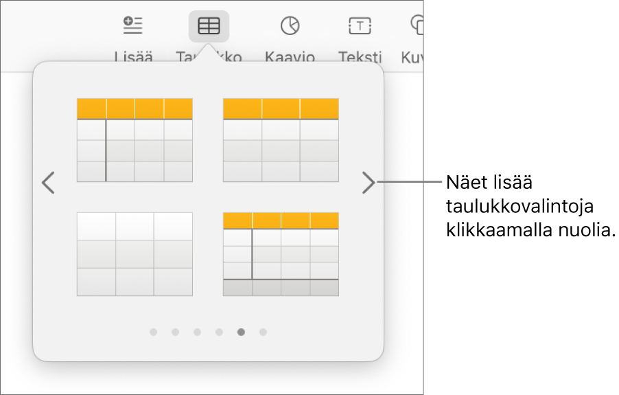 Lisää taulukko -valikko ja navigointinuolet.