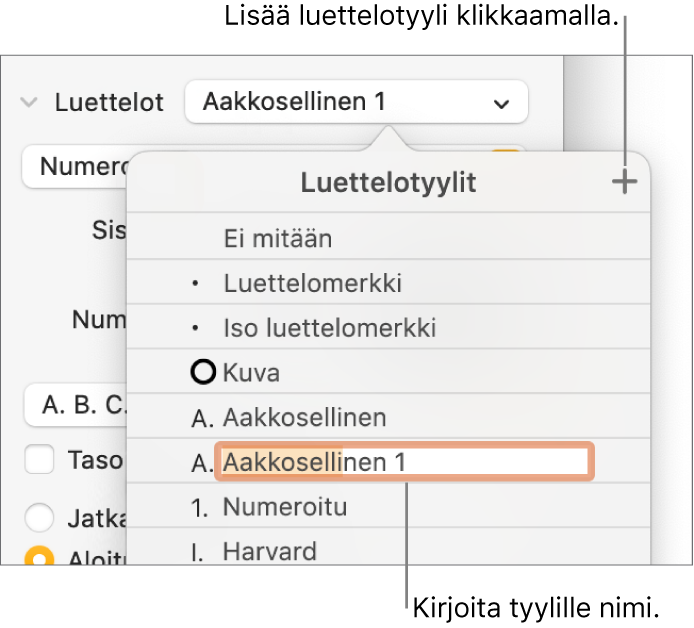 Luettelotyylit-ponnahdusvalikko, jossa oikeassa yläkulmassa on lisäyspainike ja paikanvaraajatyylin nimi, jonka teksti on valittuna.