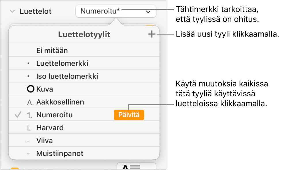 Luettelotyylit-ponnahdusvalikko, jossa on ohitusta merkitsevä tähti ja Uusi tyyli -painikkeen selite, ja vaihtoehtojen alaotsikko tyylien hallintaa varten.