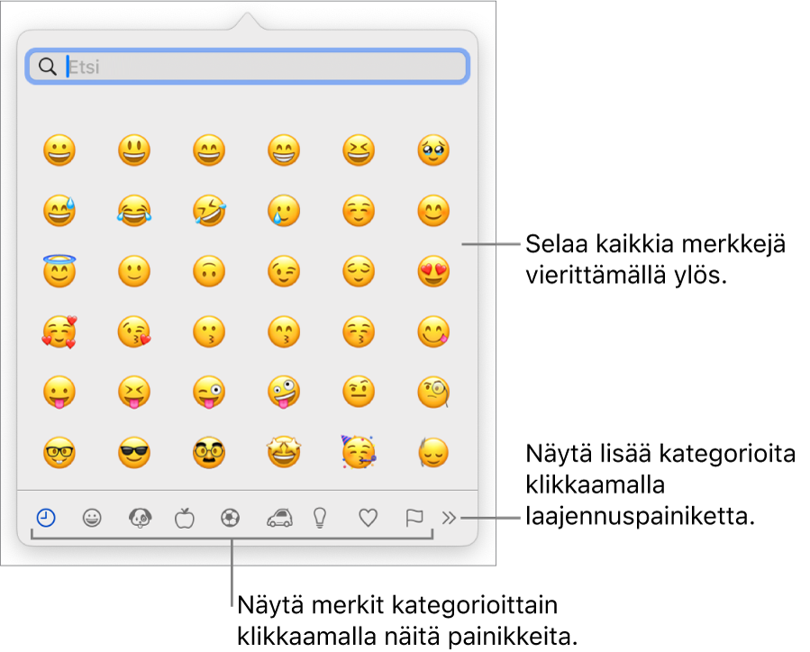 Merkit-ikkuna, jossa näkyy emojeita, painikkeita erityyppisille symbolikategorioille alaosassa sekä painike, joka näyttää lisää kategorioita, ja Laajenna-painike.