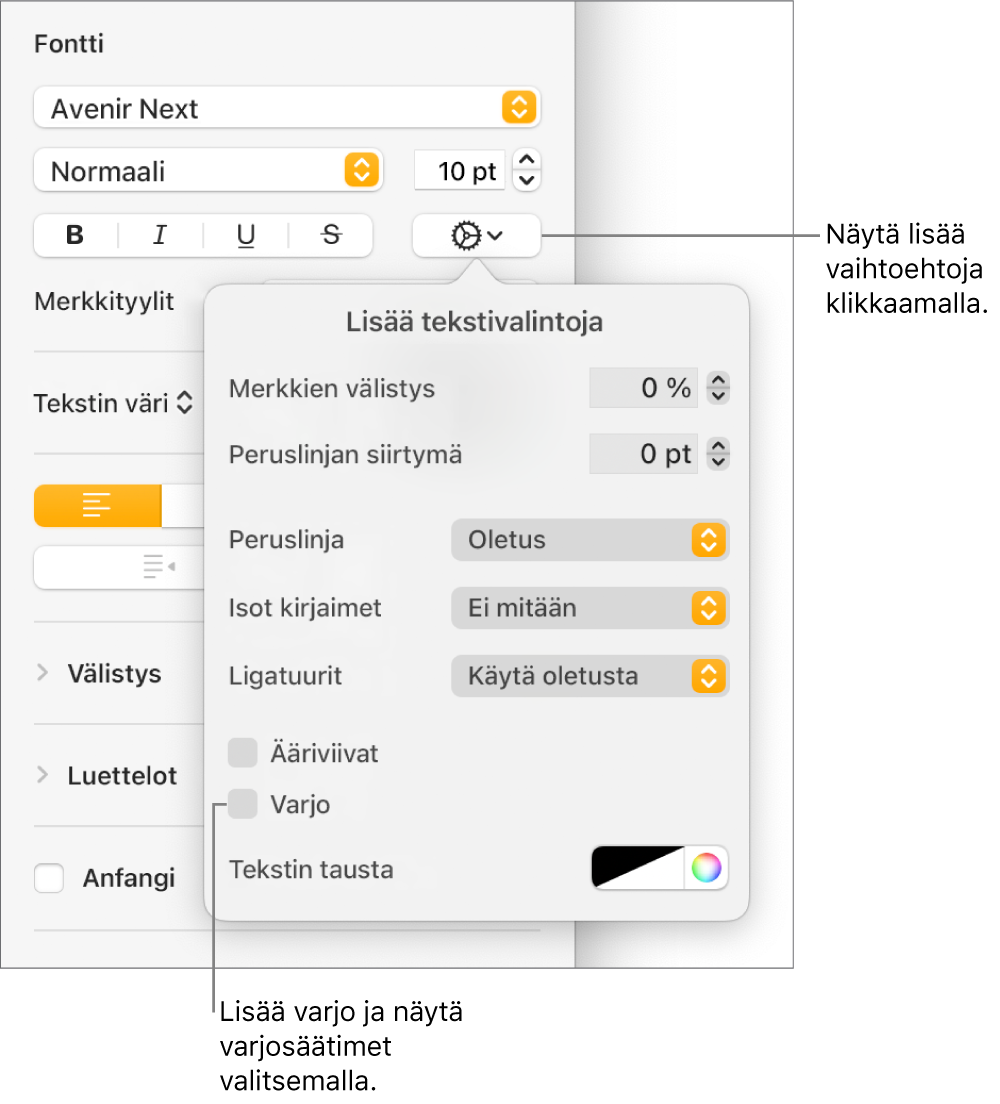 Avoinna on Lisävalinnat-valikko, jossa on valittuna Varjot-valintaneliö sekä sumennuksen, välin, peittävyyden, kulman ja värin asetukset.