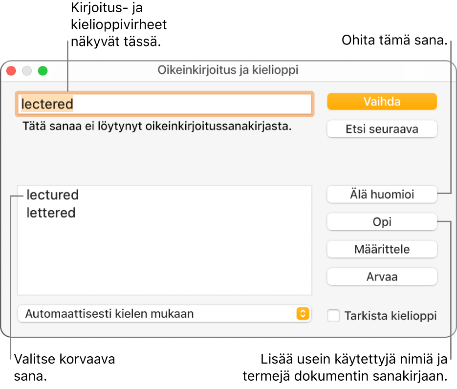 Oikeinkirjoitus ja kielioppi -ikkuna.