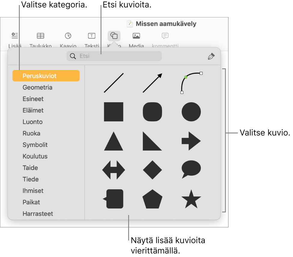 Kuviokirjasto, jossa näkyy vasemmalla kategorioita ja oikealla kuvioita. Voit etsiä kuvioita yläreunassa olevan hakukentän avulla ja näyttää niitä lisää vierittämällä.