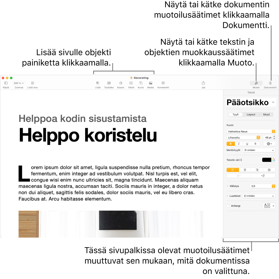 Pages-ikkuna, jonka työkalupalkissa on painikkeita objektien lisäämiseen ja sivupalkkien avaamiseen.