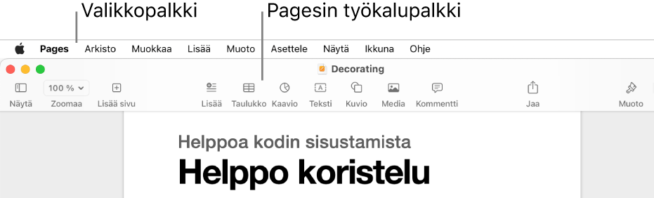 Näytön yläosassa on valikkorivi, jossa on Omena-, Pages-, Arkisto-, Muokkaa-, Lisää-, Muoto-, Järjestä-, Näytä-, Ikkuna- ja Ohje-valikot. Valikkorivin alla on avoin Pages-dokumentti, jonka yläosassa on seuraavat työkalupalkin painikkeet: Näytä, Zoomaa, Lisää sivu, Lisää, Taulukko, Kaavio, Teksti, Kuvio, Media, Kommentti, Jaa ja Muoto.