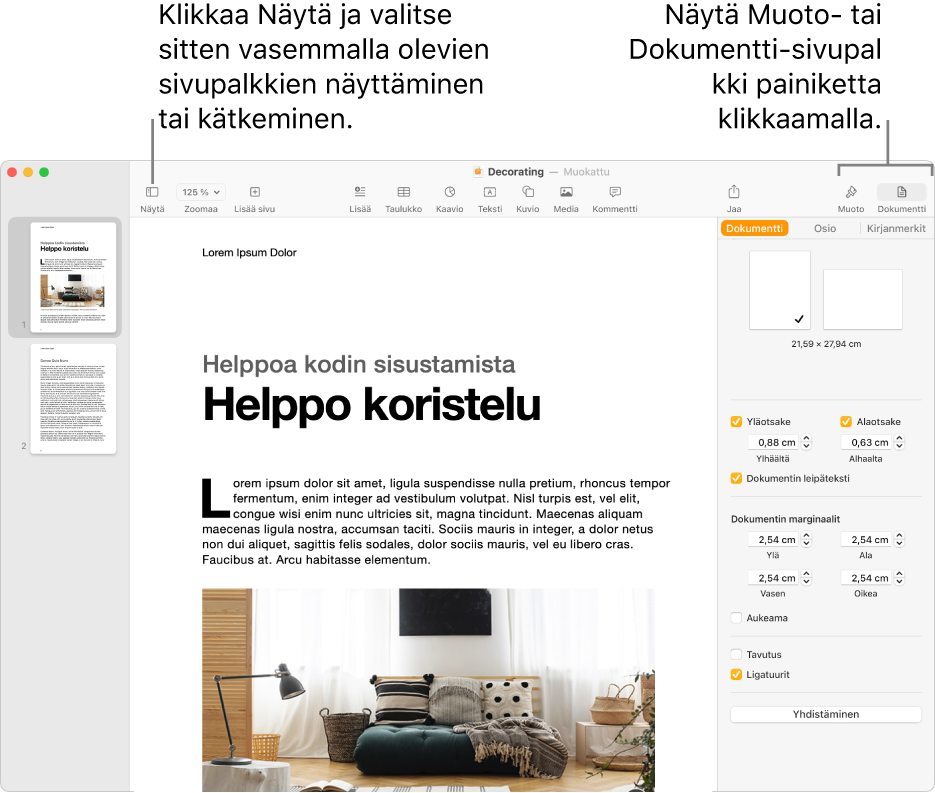 Pages-ikkuna ja työkalupalkin Näytä-valikkopainikkeen ja Muoto- ja Dokumentti-painikkeiden selitteet. Sivupalkit ovat auki vasemmalla ja oikealla.