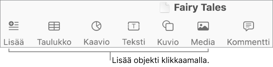 Työkalupalkki, jossa on painikkeita taulukoiden, kaavioiden, tekstin, kuvioiden ja median lisäämiseen.