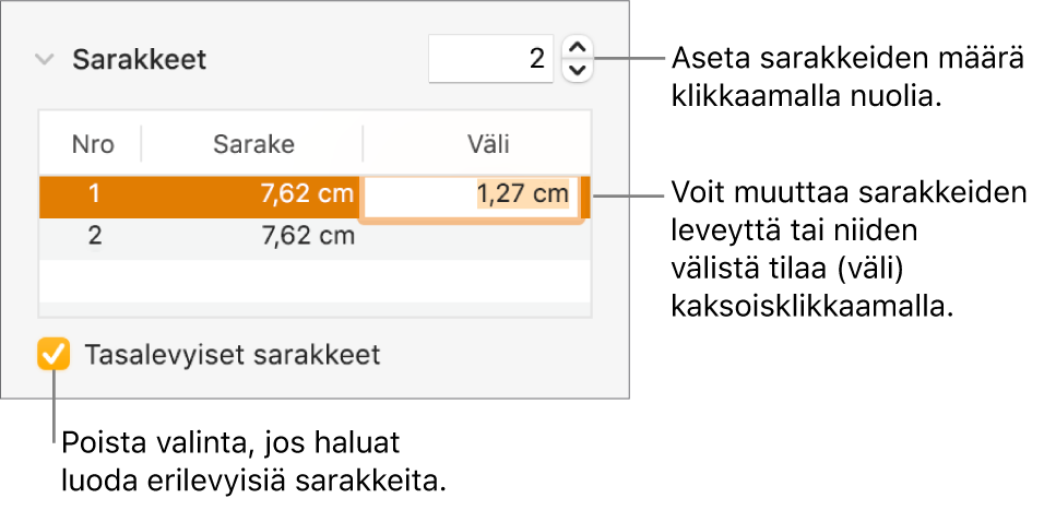 Muoto-inspektorin Asettelu-osio, jossa näkyvät sarakkeiden säätimet.