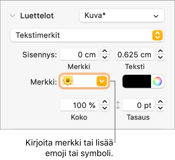 Muoto-sivupalkin Luettelot-osio. Luettelomerkki-kenttä, jossa näkyy kukkaemoji.