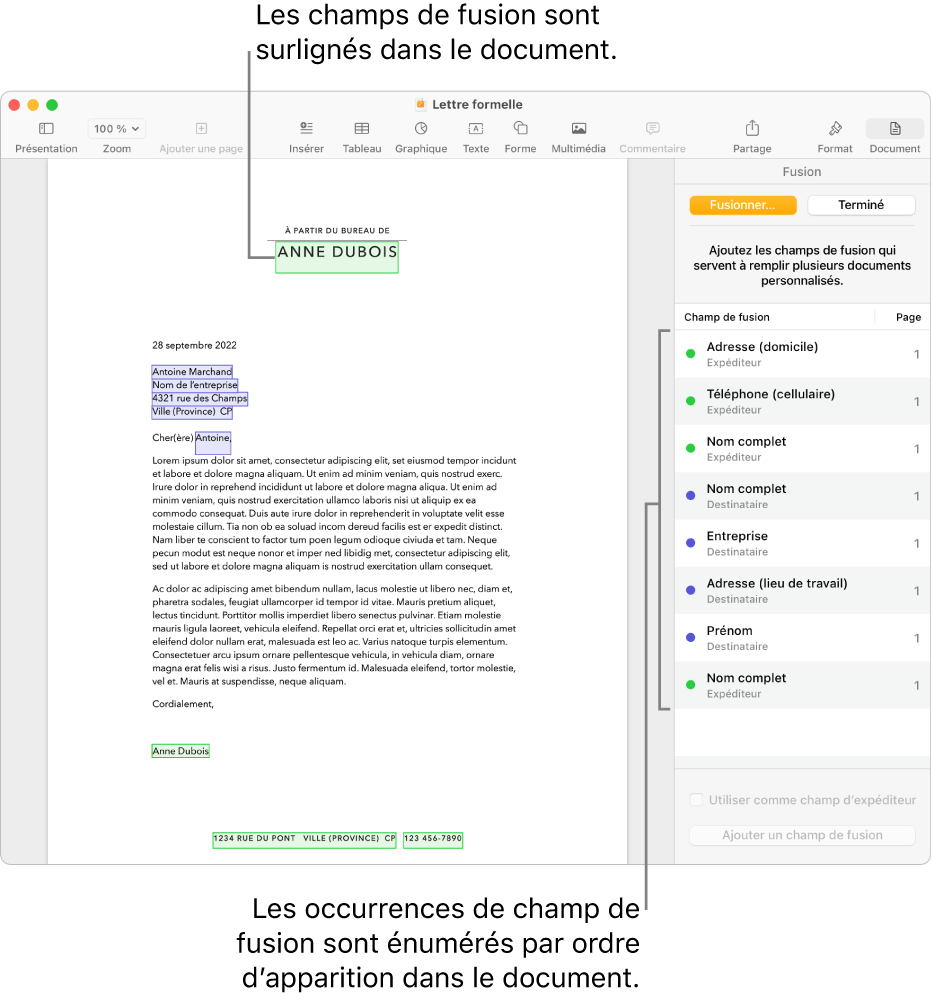 Document Pages avec champs de fusion de destinataire et d’expéditeur, et la liste des instances de champs de fusion visible dans la barre latérale Document.