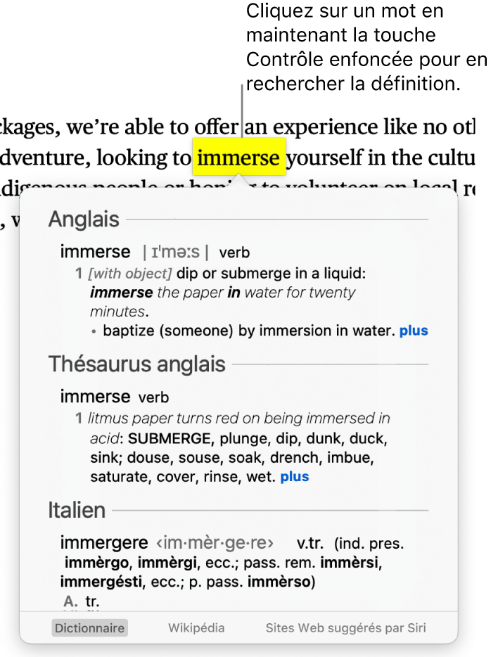 Un paragraphe avec un mot surligné et une fenêtre contenant sa définition et des synonymes. Les boutons en bas de la fenêtre fournissent des liens vers le dictionnaire, Wikipédia et les sites Web suggérés par Siri.