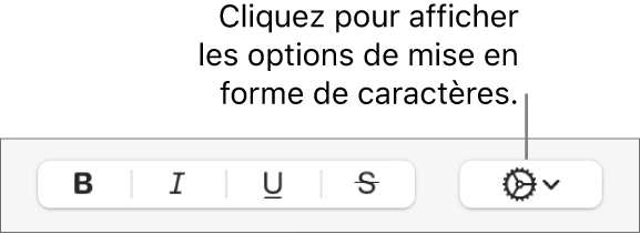 Le menu contextuel Plus d’options de texte à droite des boutons Gras, Italique, Souligné et Barré.