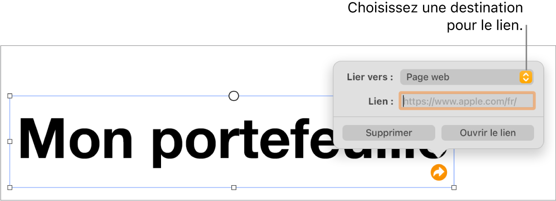 Les commandes de l’éditeur de liens avec une page web sélectionnée et les boutons Supprimer et Ouvrir le lien en bas.