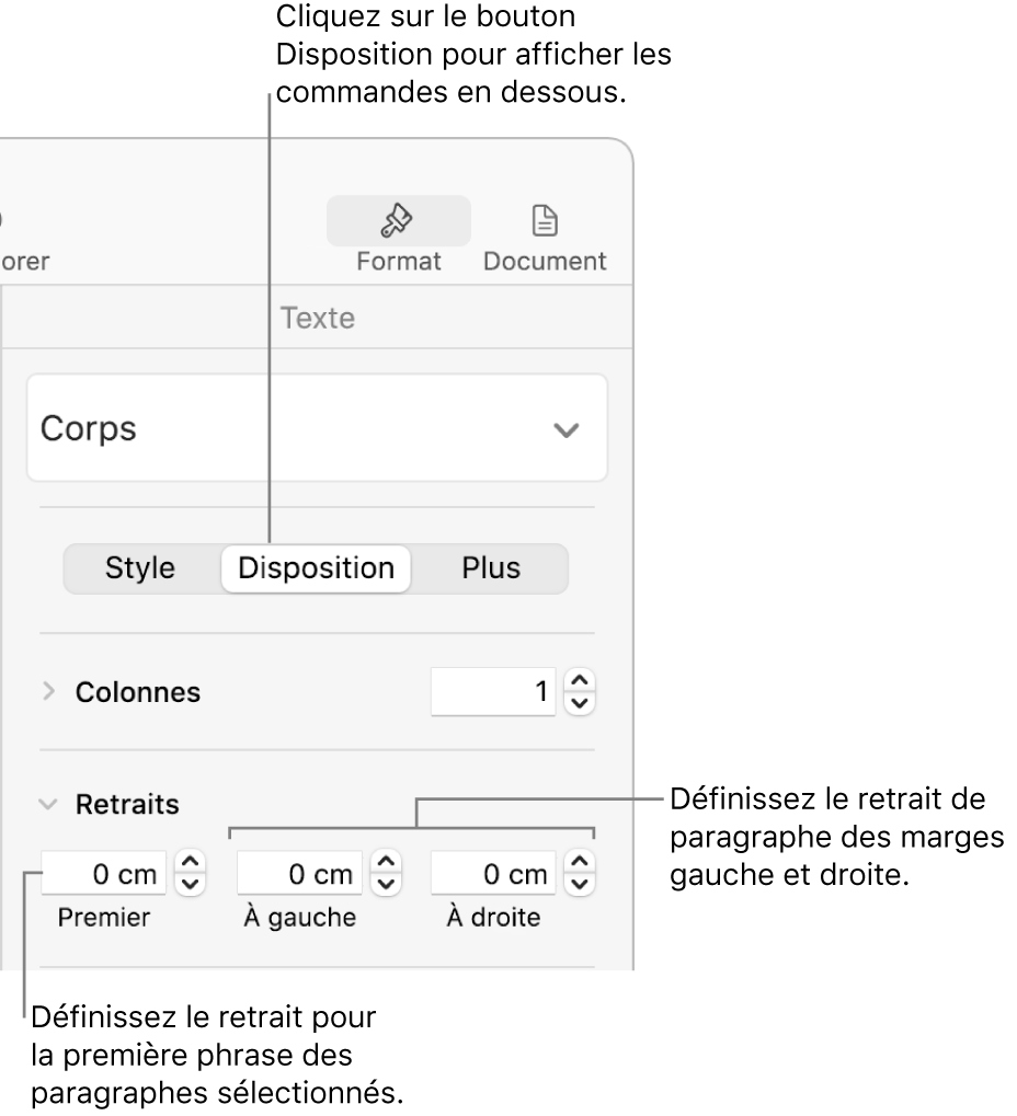 Commandes dans la section Disposition de la barre latérale Formats, permettant de définir le retrait de première ligne.