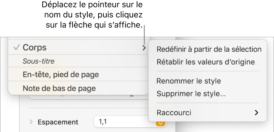 Le menu « Styles de paragraphe » avec le menu contextuel ouvert.