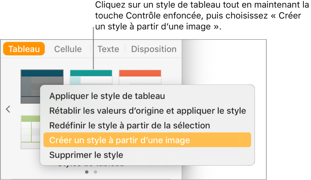 Le menu contextuel Style de tableau.