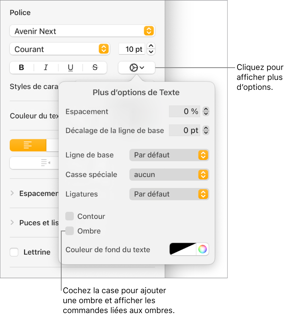 Le menu Options avancées avec la case Ombres cochée et les commandes pour définir le flou, le décalage, l’opacité, l’angle et la couleur.