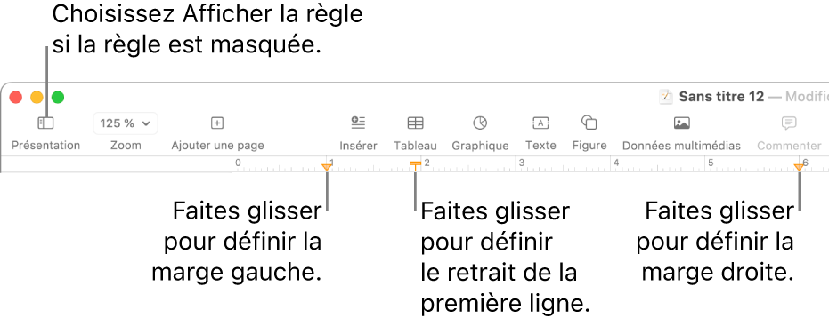 Règle présentant la commande de la marge gauche et la commande de retrait de la première ligne.