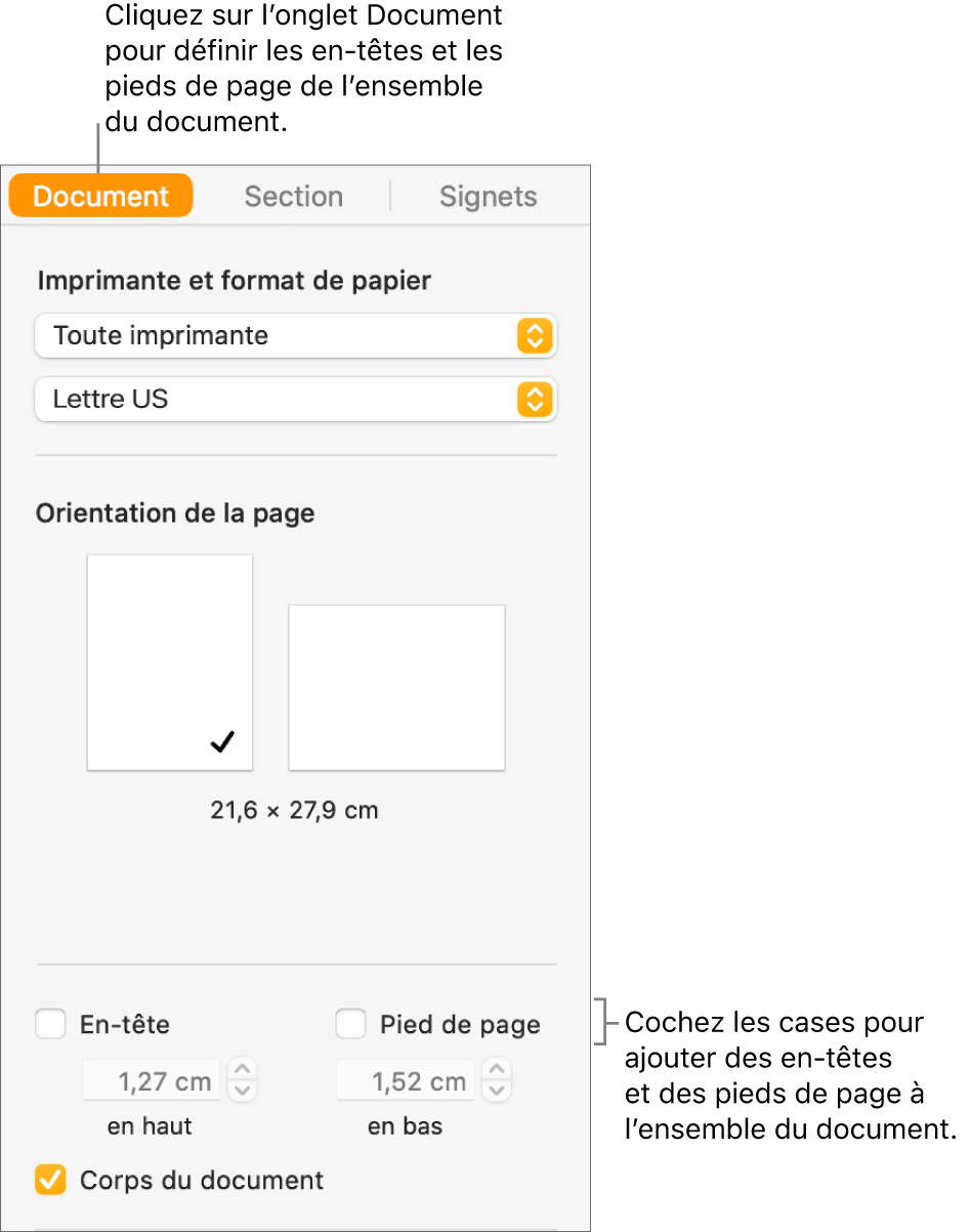 La barre latérale Document avec l’onglet Document sélectionné en haut de la barre latérale. Sous les cases En-tête et « Pied de page » se trouvent des flèches permettant de modifier la distance entre les en-têtes et pieds de page et le haut et le bas de la page.