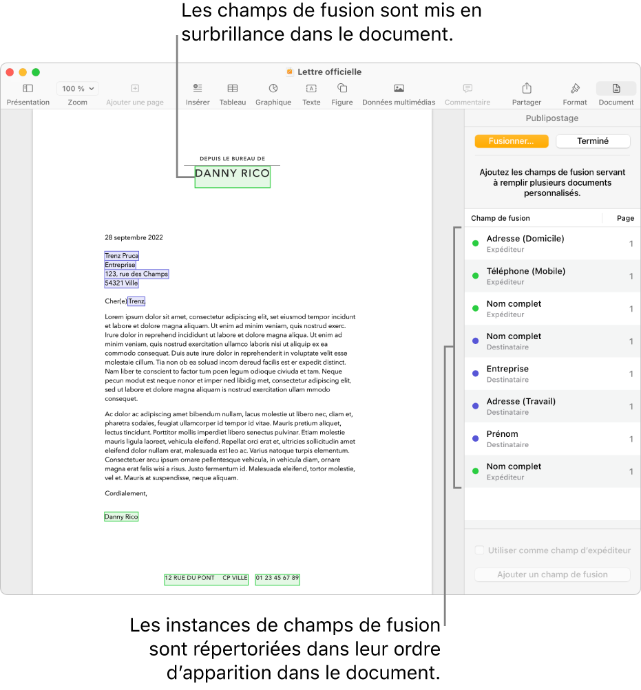 Document Pages avec des champs de fusion de destinataire et d’expéditeur, ainsi que la liste des instances de champs de fusion visible dans la barre latérale Document.