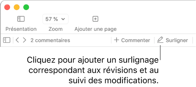 La barre des menus affichant le menu Insertion et en dessous, la barre d’outils Pages avec des outils de révision et une légende du bouton de Surligner.