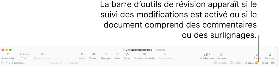 La barre d’outils de Pages avec le suivi des modifications activé et la barre d’outils de révision en dessous.