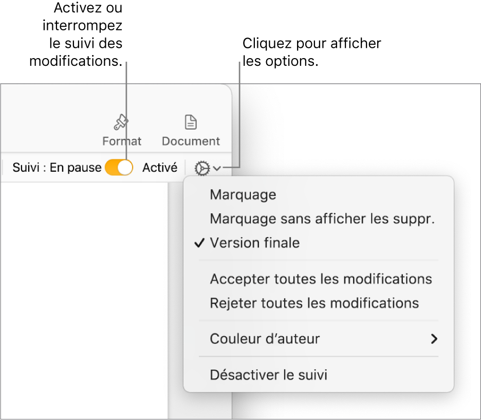 Le menu des options de suivi, avec l’option Désactiver le suivi en bas, ainsi que des légendes traitant des boutons de suivi Activé et En pause.