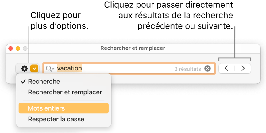 La fenêtre Rechercher et remplacer avec le menu local présentant les options Rechercher, Rechercher et remplacer, Mots entiers et Respecter la casse. Les flèches à droite permettent d’accéder directement aux résultats de recherche suivants ou précédents.