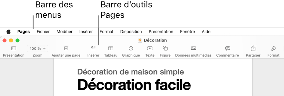 La barre des menus en haut de l’écran avec les menus Pomme, Pages, Fichier, Édition, Insertion, Format, Disposition, Présentation, Partager, Fenêtre et Aide. Sous la barre des menus, un document Pages ouvert avec une barre d’outils supérieure proposant les boutons Présentation, Zoom, Ajouter une page, Insérer, Tableau, Graphique, Texte, Figure, Données multimédias et Commentaire.