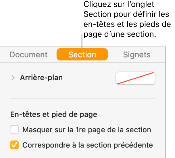 La barre latérale Document avec l’onglet Section sélectionné en haut de la barre latérale. La section « En-têtes et pieds de page » de la barre latérale possède des cases en regard des options « Masquer sur la 1re page de la section » et « Correspondre à la section précédente ».