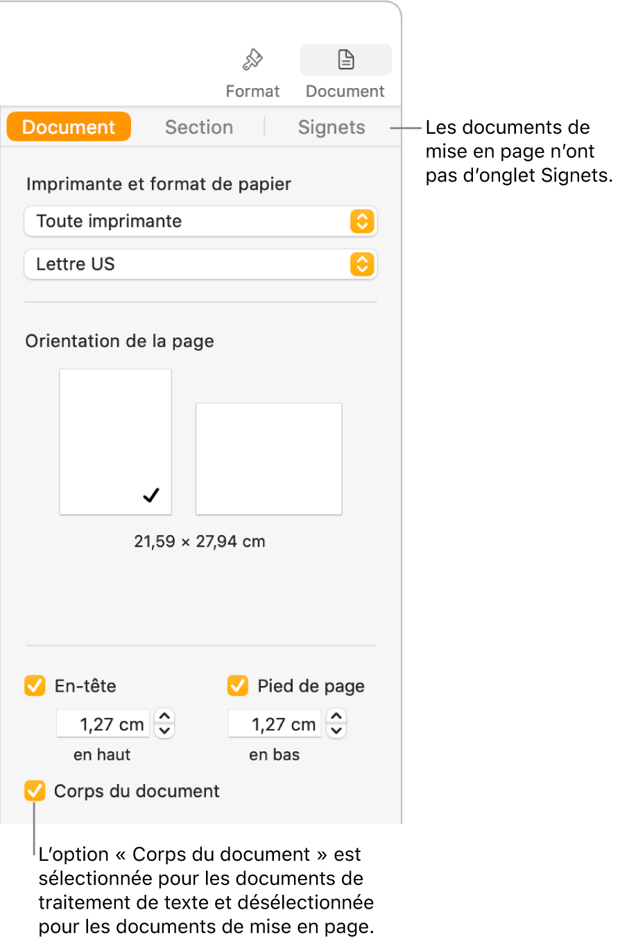 La barre latérale Format avec les onglets Document, Section et Signets en haut. L’onglet Document est sélectionné et une légende concernant l’onglet Signets indique que les documents de mise en page n’ont pas d’onglet Signets. La case « Corps du document » est cochée, ce qui indique également qu’il s’agit d’un document de traitement de texte.