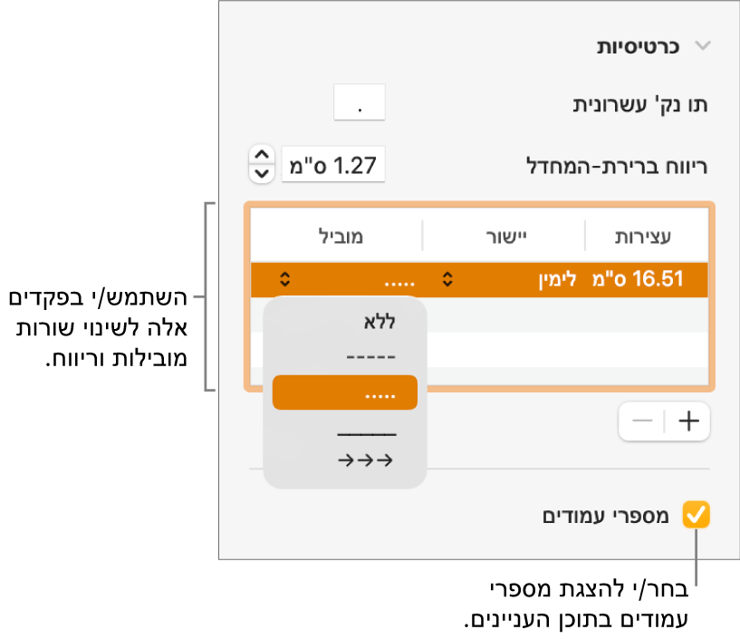 המקטע ״כרטיסיות״ של סרגל הצד ״עיצוב״. מתחת ל״ריווח ברירת-המחדל״ מופיעה טבלה עם העמודות ״עצירות״, ״יישור״ ו״מוביל״. תיבת סימון ״מספרי עמוד״ נבחרת ומופיעה מתחת לטבלה.