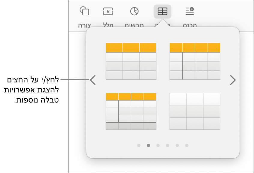תפריט ״הוסף טבלה״ עם חצים לניווט.
