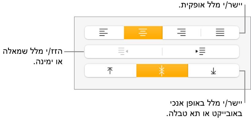 המקטע ״יישור״ בסוקר ״עיצוב״ עם כפתורים ליישור מלל אופקית ואנכית וכפתורים להזזת מלל ימינה או שמאלה.