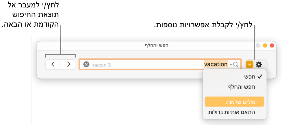 החלון ״חפש והחלף״ עם התפריט הקופצני שמציג את האפשרויות ״חפש״, ״חפש והחלף״, ״מילים שלמות״ ו״התאם אותיות גדולות״. החיצים בצד מאפשרים לך לדלג אל תוצאות החיפוש הקודמות או הבאות.