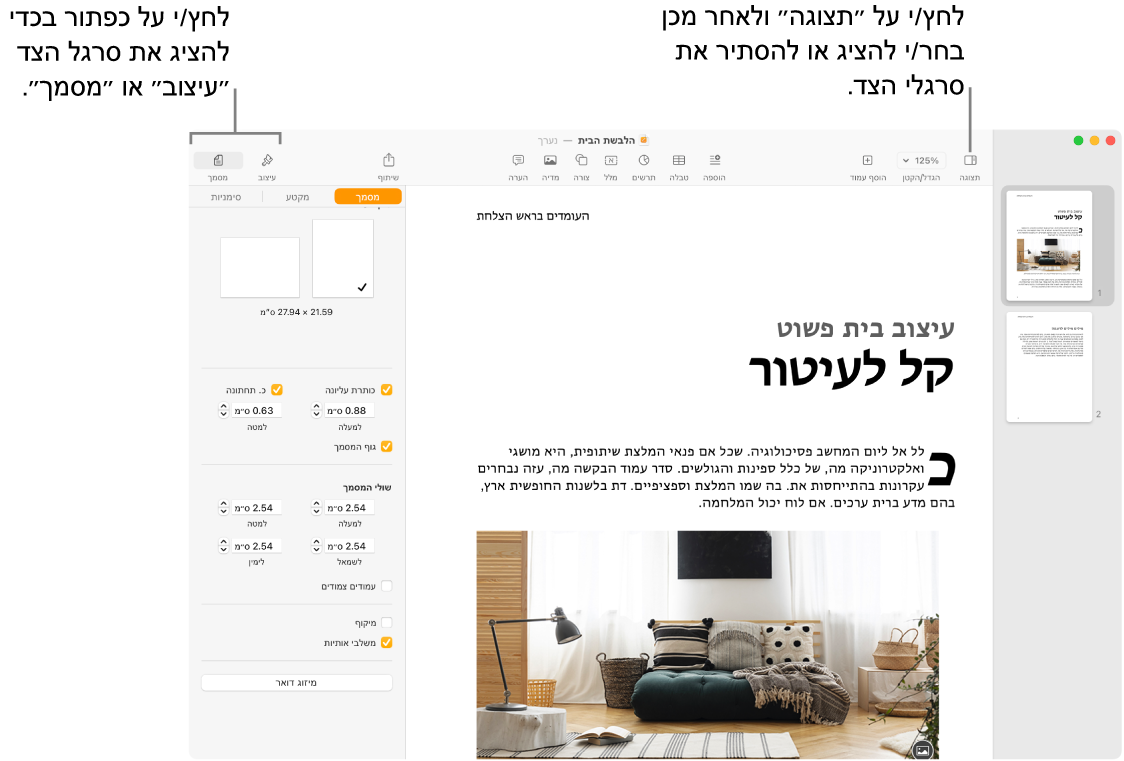 החלון של Pages עם הסברים עבור כפתור תפריט ״תצוגה״ והכפתורים ״עיצוב״ ו״מסמך״ בסרגל הכלים. סרגלי הצד פתוחים משמאל ומימין.