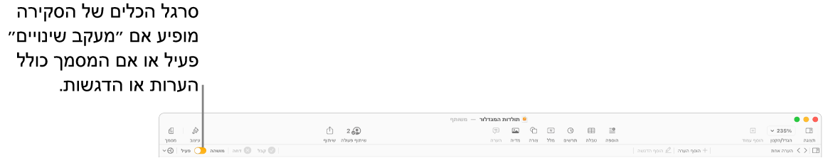 סרגל הכלים של Pages עם מעקב אחר שינויים מופעל וסרגל הכלים של סקירה מתחת.