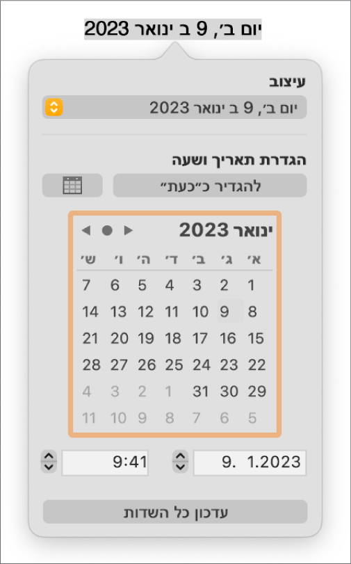 כלי הבקרה של ״תאריך ושעה״ עם התפריט הקופצני ״עיצוב״ והפקדים להגדרת תאריך ושעה.