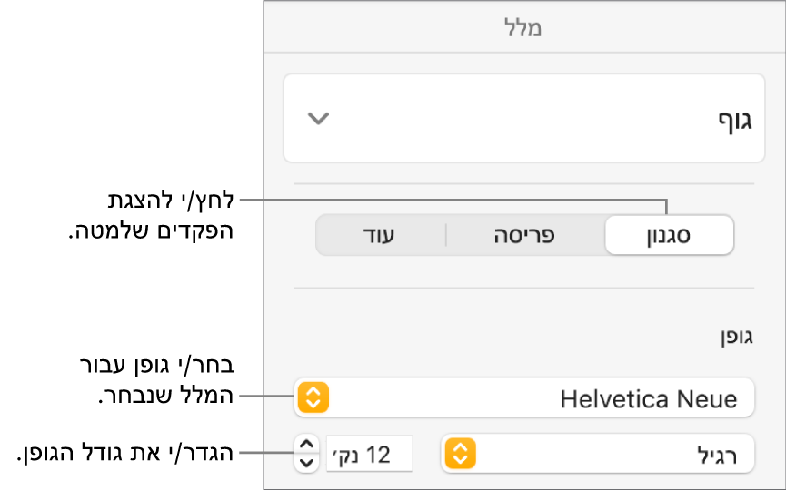 כלי בקרה של מלל במקטע ״סגנון״ של סרגל הצד ״עיצוב״ להגדרת גופן וגודל גופן.