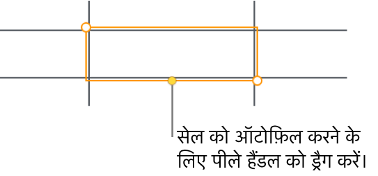 पीले हैंडल वाले चयनित सेल का उपयोग आप सेल को ऑटोमैटिकलीभरण के लिए ड्रैग कर सकते हैं।