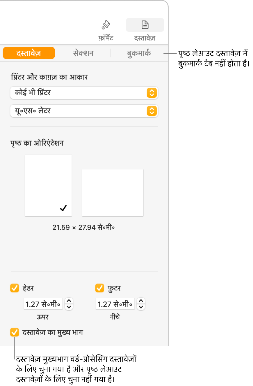 “फ़ॉर्मैट करें” साइडबार, जिसके शीर्ष पर दस्तावेज़, सेक्शन और बुकमार्क टैब हैं। दस्तावेज़ टैब चुना जाता है और बुकमार्क टैब का कालआउट कहता है कि पृष्ठ लेआउट दस्तावेज़ों में बुकमार्क टैब नहीं होता है। दस्तावेज़ मुख्यभाग चेकबॉक्स चुना जाता है, जो इस बात का भी संकेत देता है कि यह एक वर्ड-प्रोसेसिंग दस्तावेज़ है।