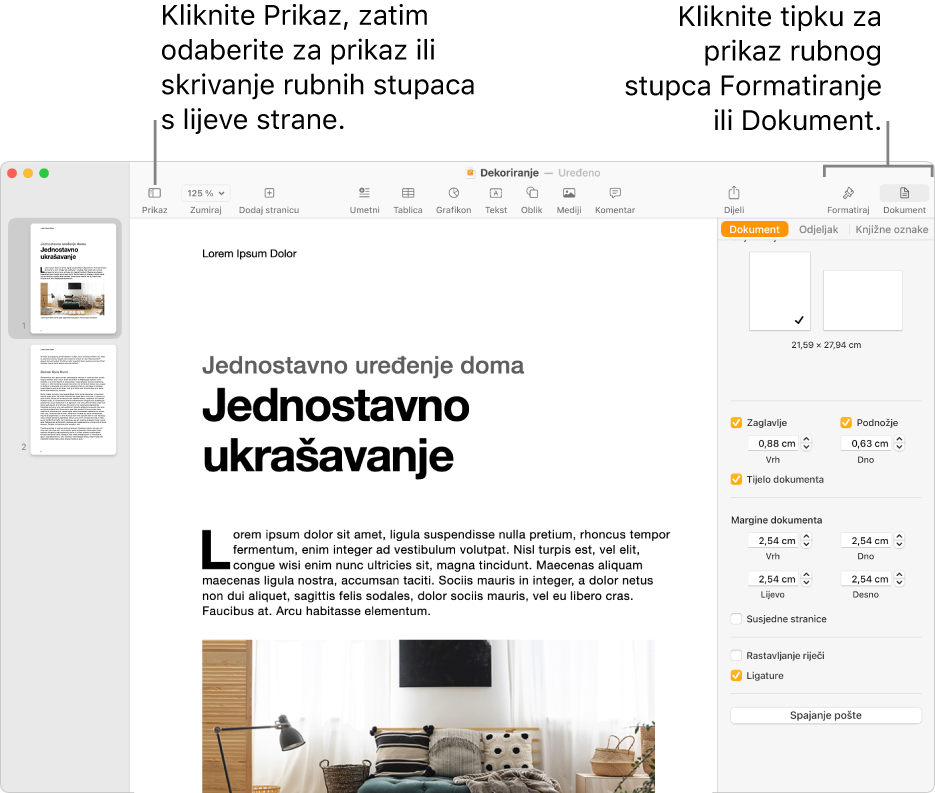 Prozor aplikacije Pages s balončićem na tipki izbornika Prikaz i tipkama Format i Dokument na alatnoj traci. Rubni stupci su otvoreni na lijevoj i desnoj strani.