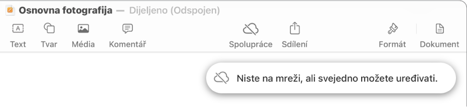 Tipke pri vrhu zaslona, s tipkom Suradnja koja se promijenila u oblak s dijagonalnom linijom kroz njega. U upozorenju na zaslonu piše “Niste na mreži, ali još uvijek možete uređivati.”