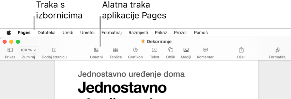 Traka izbornika na vrhu zaslona s izbornicima Apple, Pages, Datoteka, Uredi, Unesi, Formatiraj, Razmjesti, Prikaz, Dijeli, Prozor i Pomoć. Ispod trake izbornika nalazi se otvoreni dokument aplikacije Pages s tipkama alatne trake preko vrha za opcije Prikaz, Zumiraj, Dodaj stranicu, Unesi, Tablica, Grafikon, Tekst, Oblik, Mediji i Komentar.